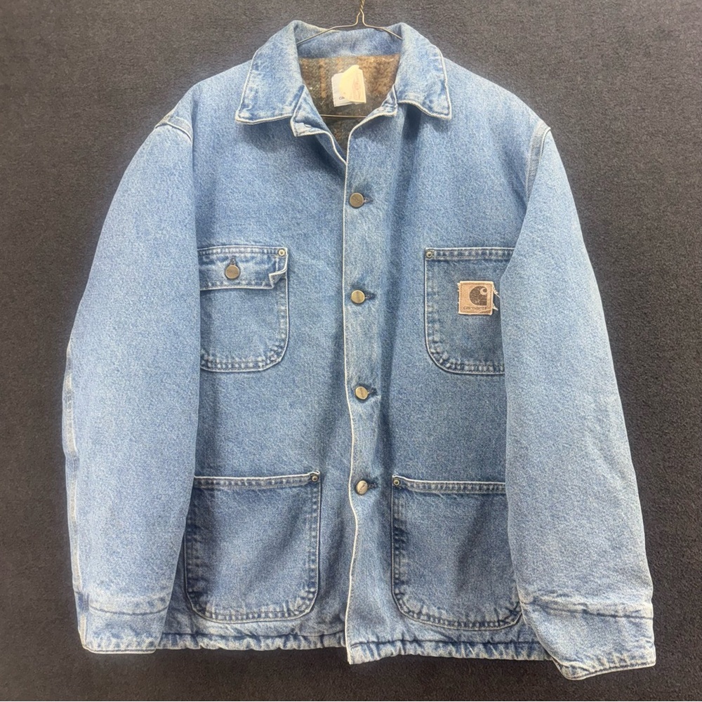 Vintage 80s Carhartt Men's Denim Chore Jacket Blanket Lined CB0408 Union Made